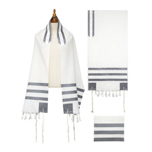 Tallit Set, Silver and Gray Geometric Design, Fine Wool, Three Piece Set