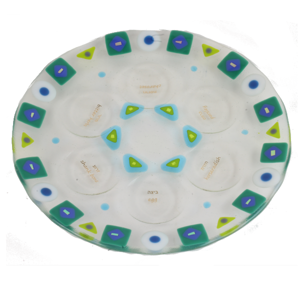 Seder Plate, Geometric Border, Green with Gold Dichroic Fused Glass, One of a Kind