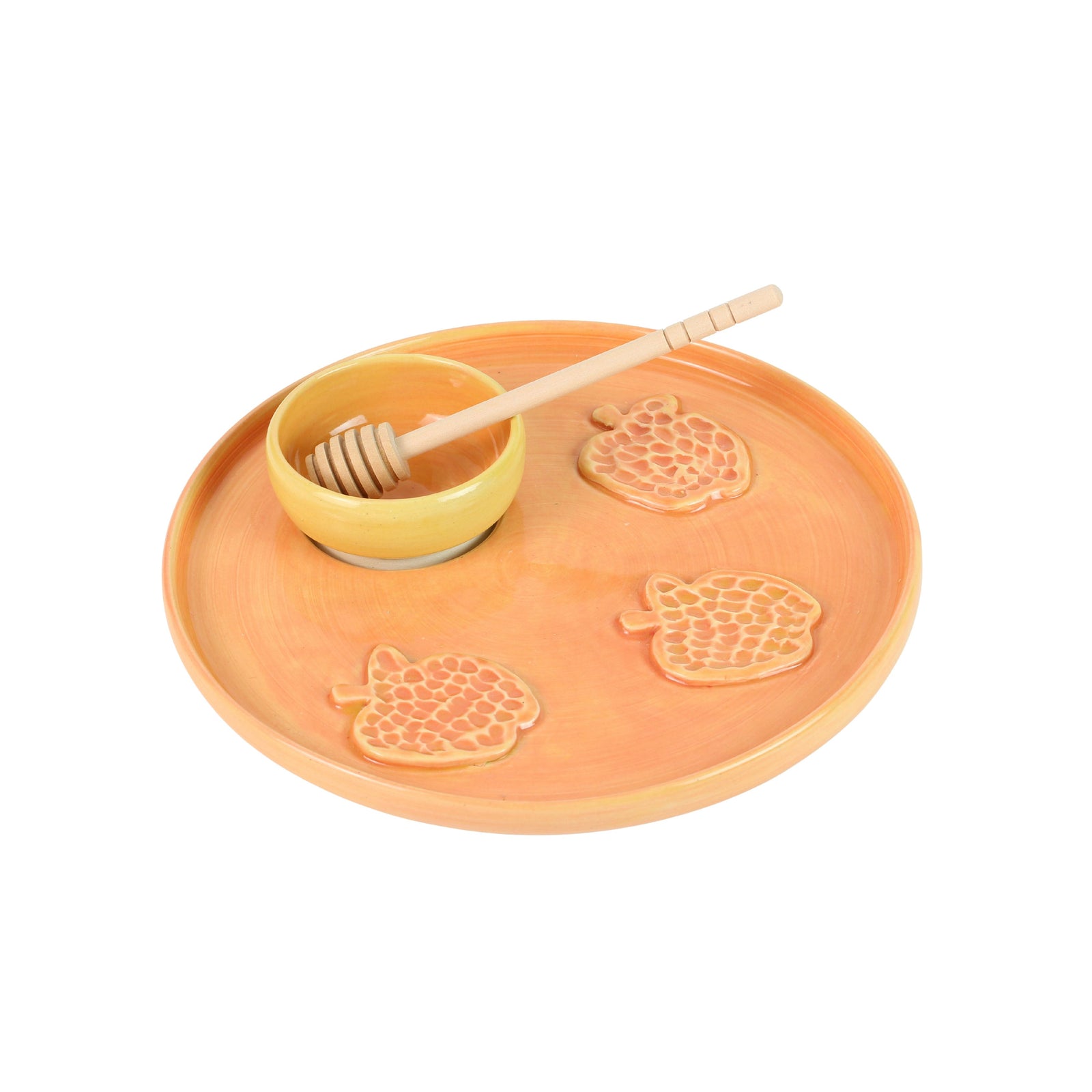 Honey and Apple Set, Coral Glaze with Apples, High-Fired Ceramic