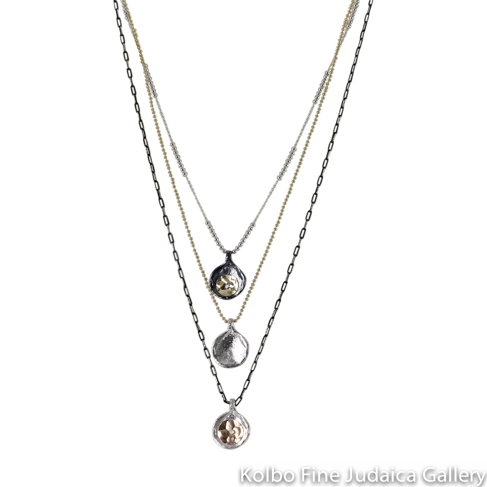 Necklace, Three Chains, Each with Drop, Sterling Silver, Gold Filled, and Oxidized Silver