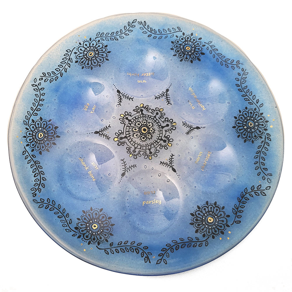 Seder Plate, Hand Painted Enamel Design with Gold Leaf Detail, One Of A Kind Piece