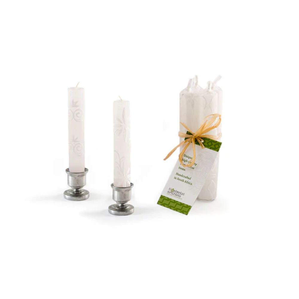 Shabbat Candles Set of Four, 4", White on White, Hand Painted