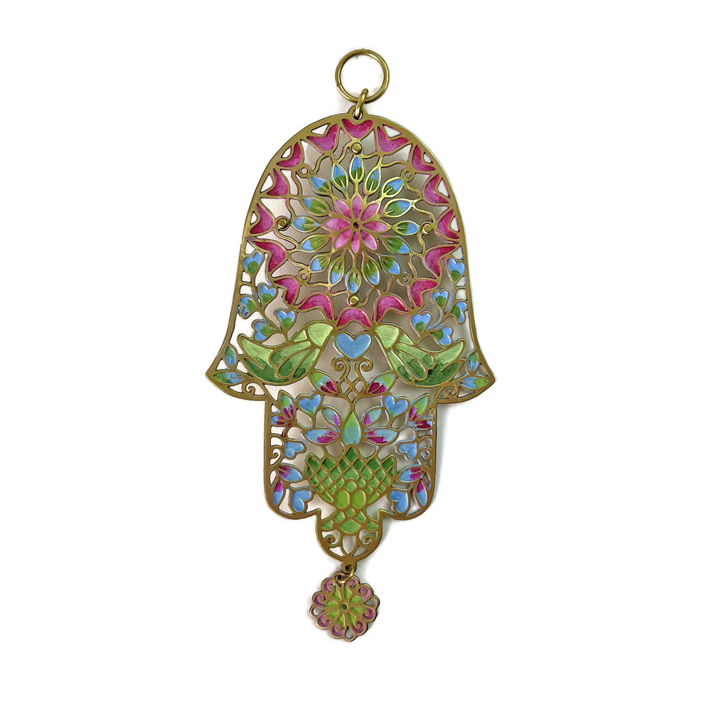 Hamsa, Doves, Pink and Multicolor Enamel on Hand Crafted Brass