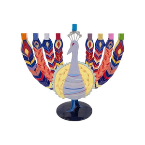 Menorah, Double-Sided Peacock, Lasercut Metal