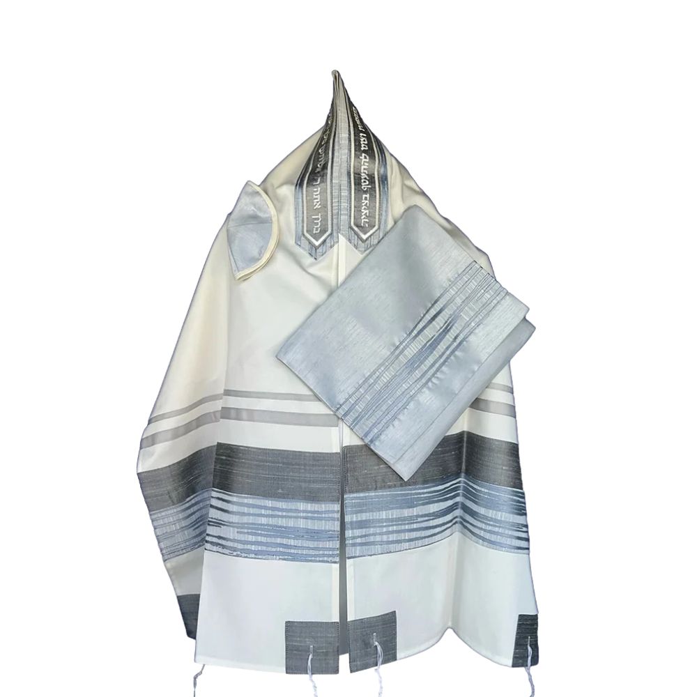 Tallit Set, Gray and Soft Blue Striped Detail on Fine White Wool