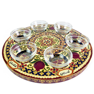 Seder Plate, Hand-Painted Wood with Glass Bowls, Cream and Pomegranate Design, #64