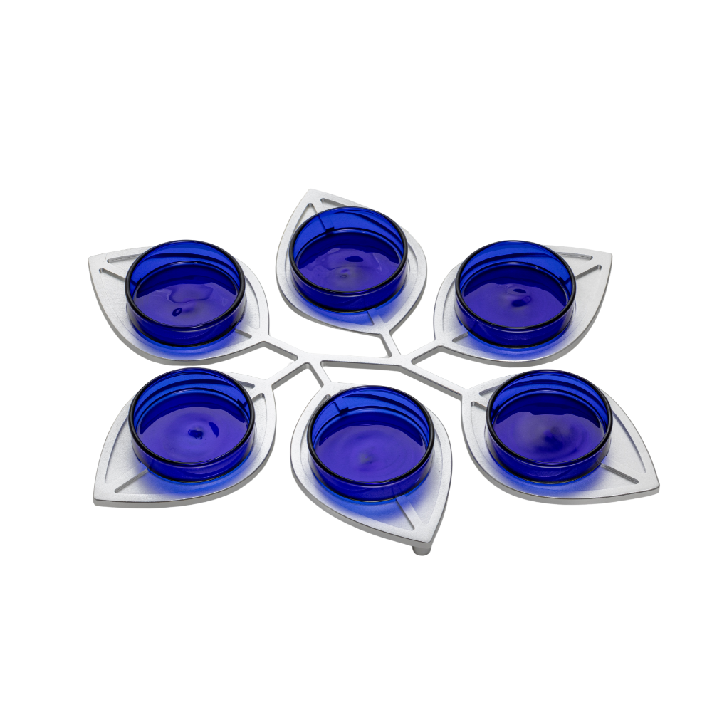 Seder Plate, Leaf Design, Silver Anodized Aluminum with Blue Glass Cups