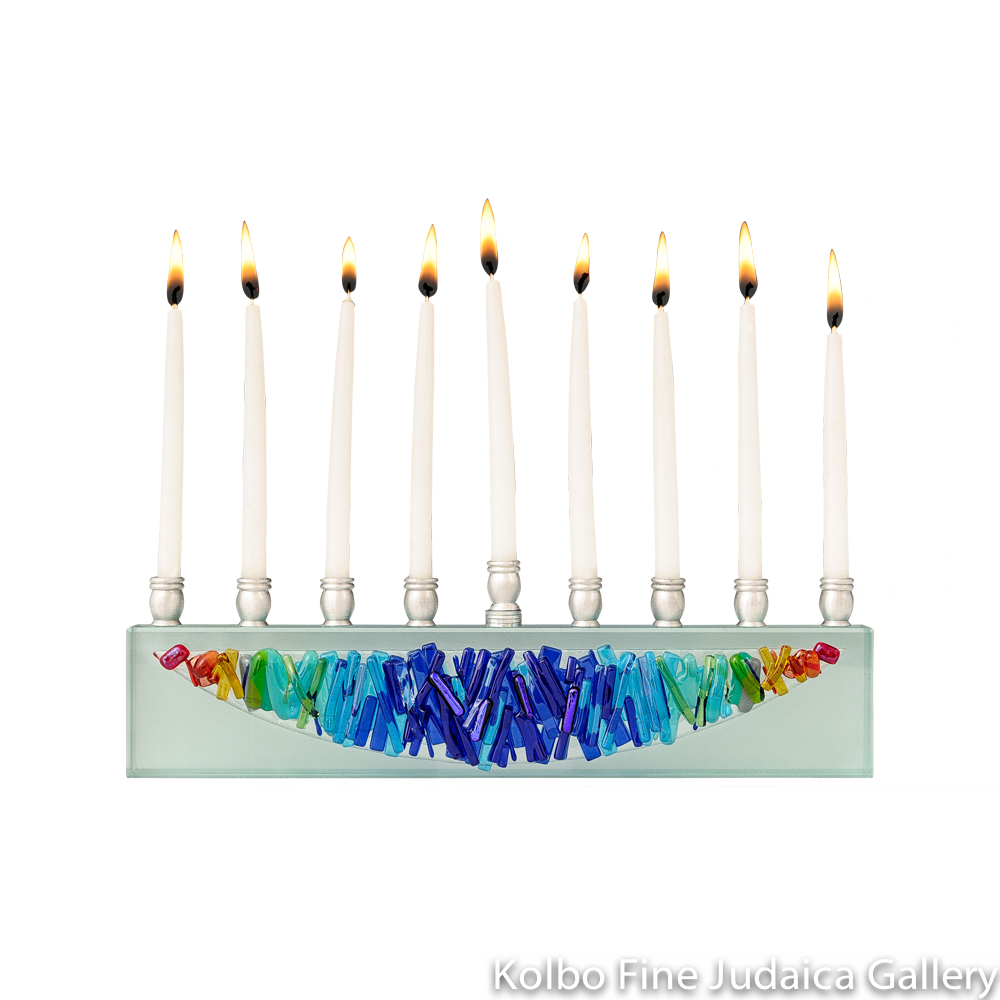 Menorah, Rainbow Half-Moon, Woven Design, Fused Glass