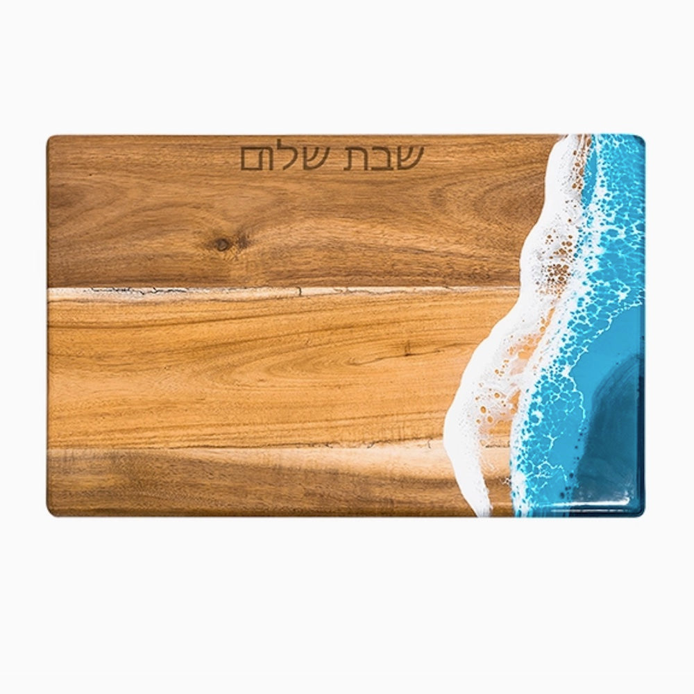 Challah Board, Acacia Wood with Ocean Enamel Detail