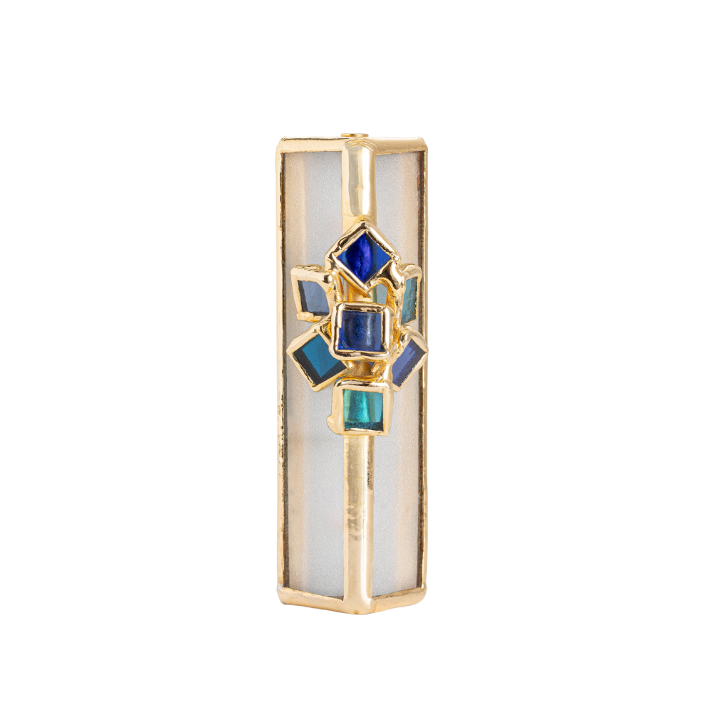 Mezuzah, Blue Sunburst Stained Glass, 14K Gold Plated