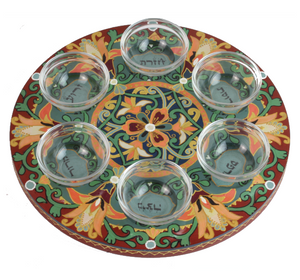 Seder Plate, Hand Painted Wood with Glass Bowls, Orange Florals with Red and Green Detail