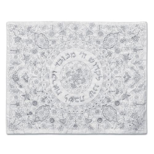 Challah Cover, Silver Silk Embroidery on Cotton, Floral Design