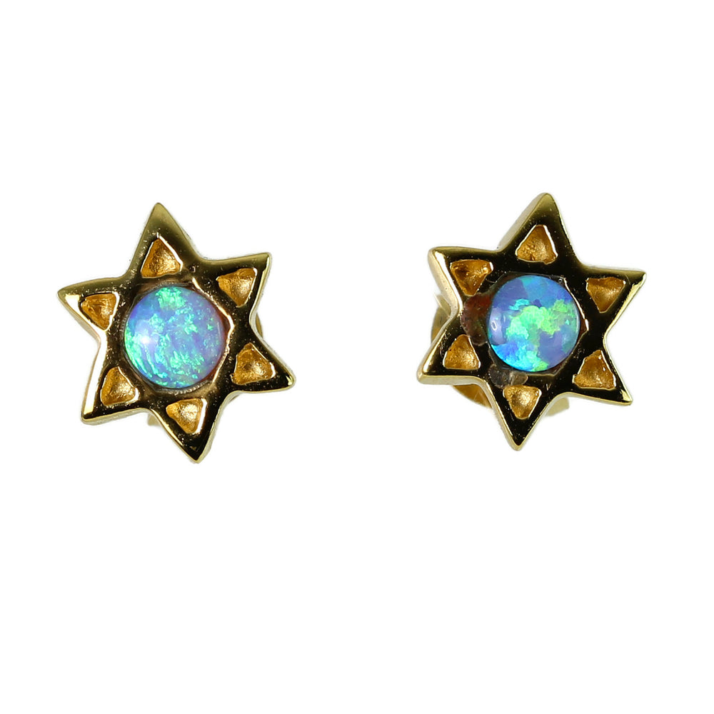 Earrings, Star with Blue Opal Center, Gold Plate