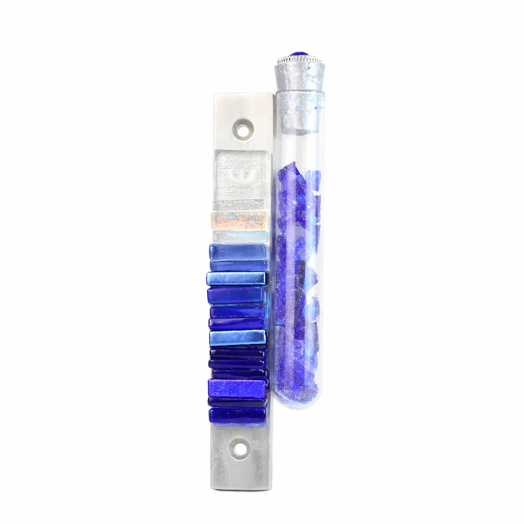 Wedding Mezuzah, Iridescent Icicle in Clear and Cobalt Blue with Shards Tube