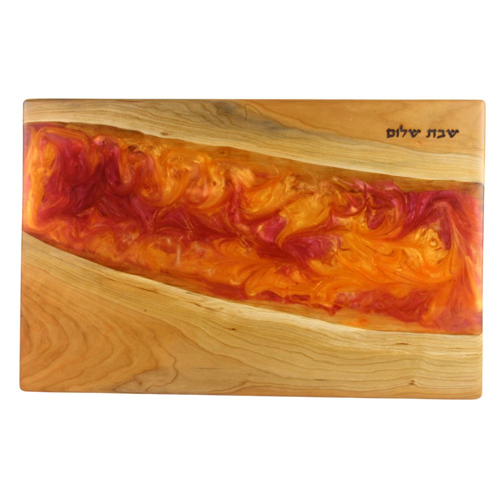 Challah Board, Cherry Wood with Orange and Red Swirled Epoxy