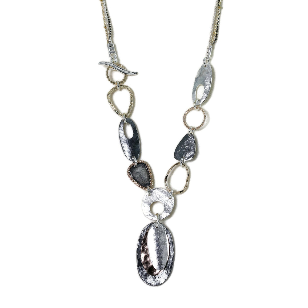 Necklace, Multistrand Chain with Side Hook, Sterling Silver and Gold-Filled Organic Shapes