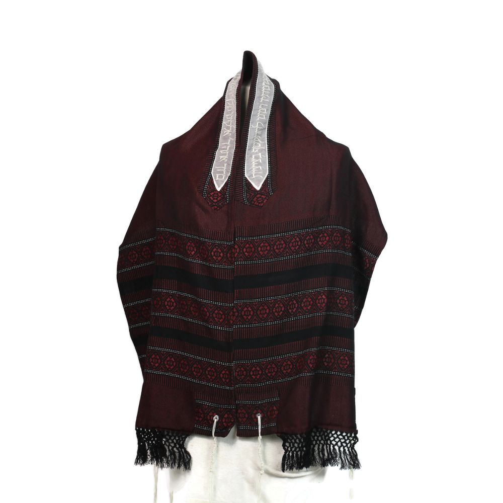 Tallit Set, Burgundy Soft Wool Background with Silver and Black Detail