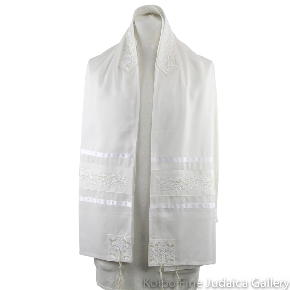 Tallit Set, Embroidered Vine Design in White on White Brushed Cotton