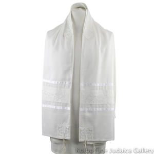 Tallit Set, Embroidered Vine Design in White on White Brushed Cotton