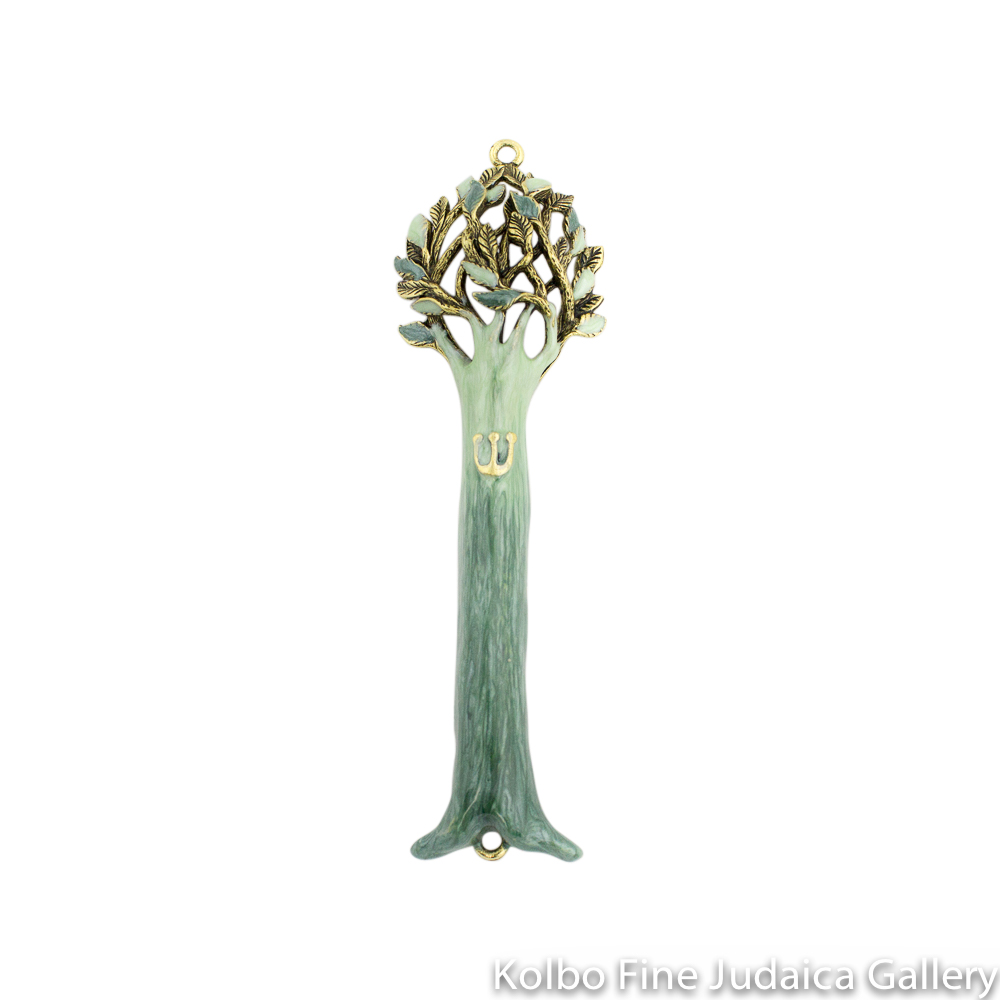 Mezuzah, Tree of Life Design in Green and Gold, Pewter with Enamel