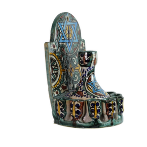 Menorah, Oil, Fountain Style, Multicolored Ceramic, Hand-Painted in Morocco