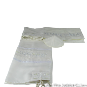 Tallit Set, Embroidered Vine Design in White on White Brushed Cotton