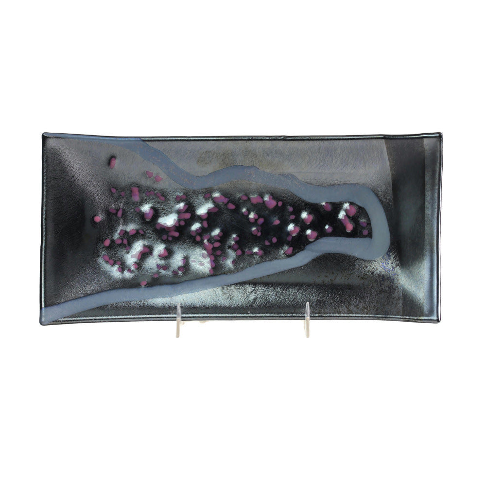 Serving Dish, Rectangular with Matt and Irridized Gray and Charcoal Glass, Dusty Rose Detail