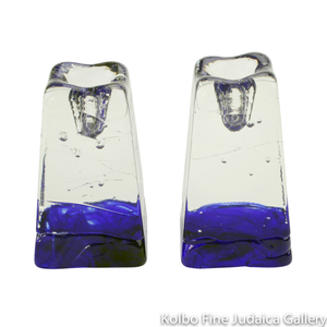 Candlesticks, Clear Glass Obelisk with Cobalt Blue Detail, Includes Drip Cups