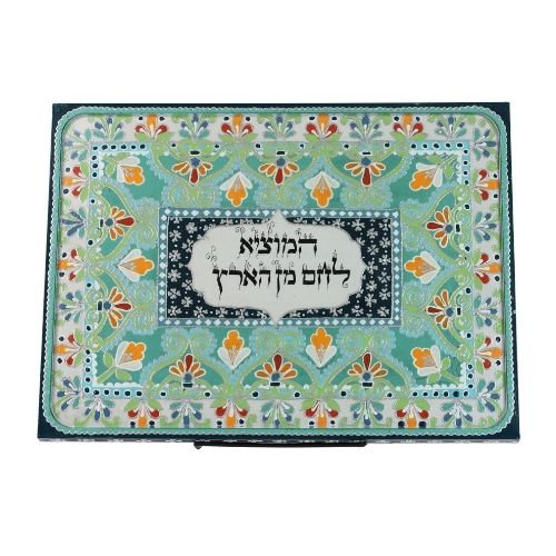 Challah Board, Hand-Painted with Glass Top, Teal and Orange Floral Design with Silver Detail