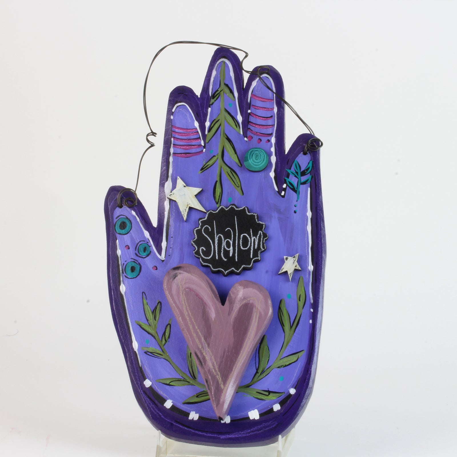 Hamsa, Wall Art, Hand Made, Painted Wood, Shalom, Heart on Purple