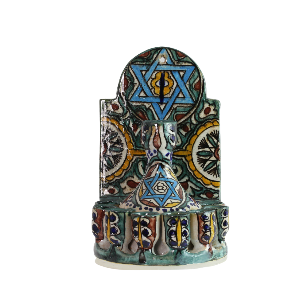 Menorah, Oil, Fountain Style, Multicolored Ceramic, Hand-Painted in Morocco