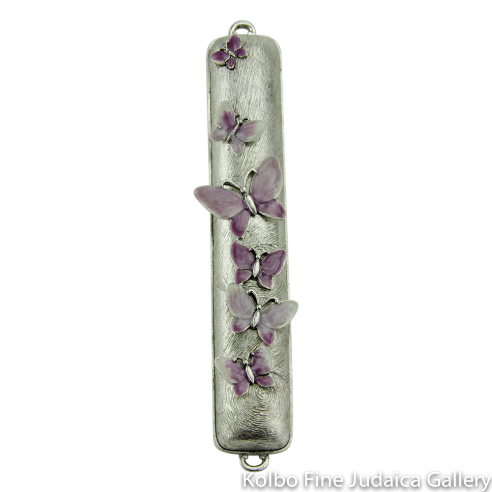 Mezuzah, Purple Butterfly Design, Pewter with Enamel