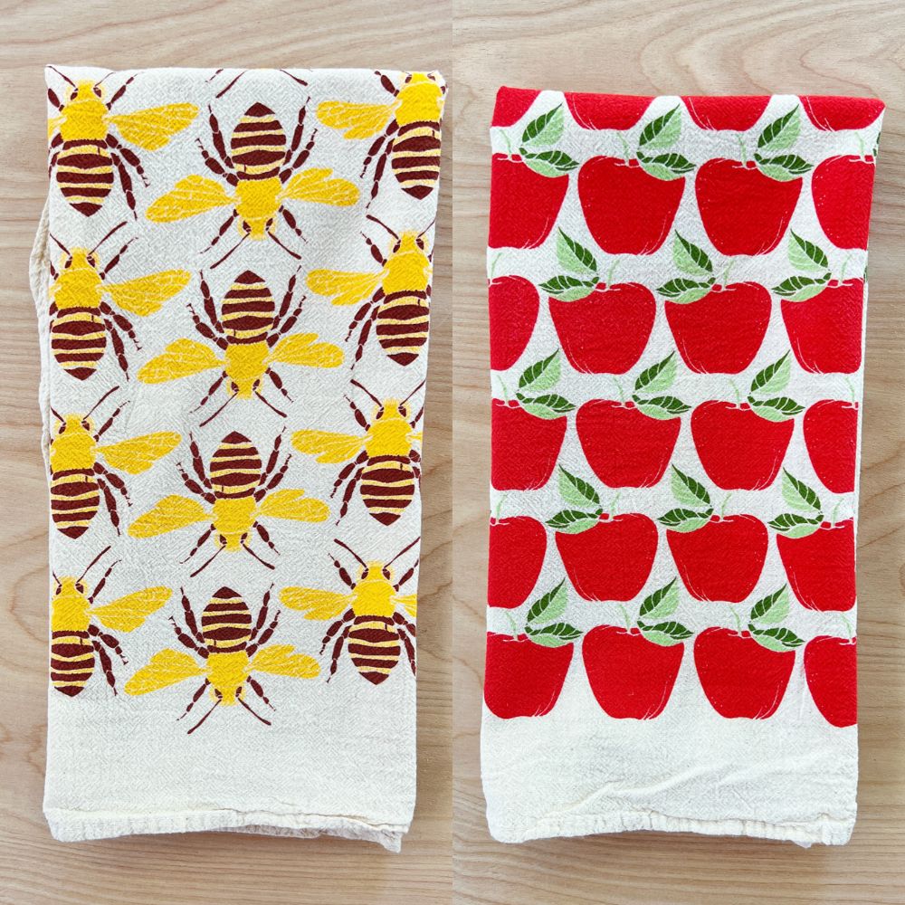 Tea Towel Set, Apples and Bees, Silkscreened on Unbleached Cotton