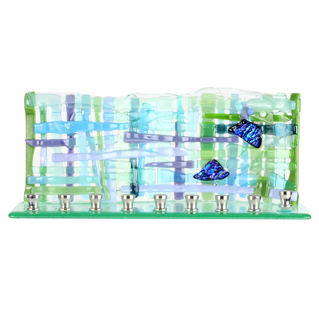 Menorah, Woven Design, Fused and Dichroic Glass, One of a Kind Piece