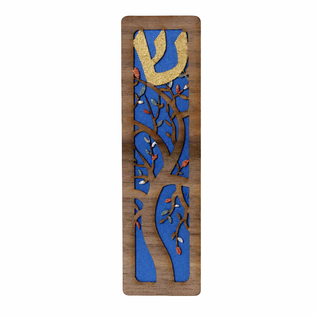 Mezuzah, Tree of Life Design, Cut Wood with Aluminum Base, Blue Background