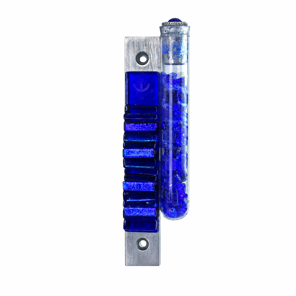 Wedding Glass Mezuzah, Iridescent Cobalt Glass, Tube on Side for Glass Shards, IC Collection
