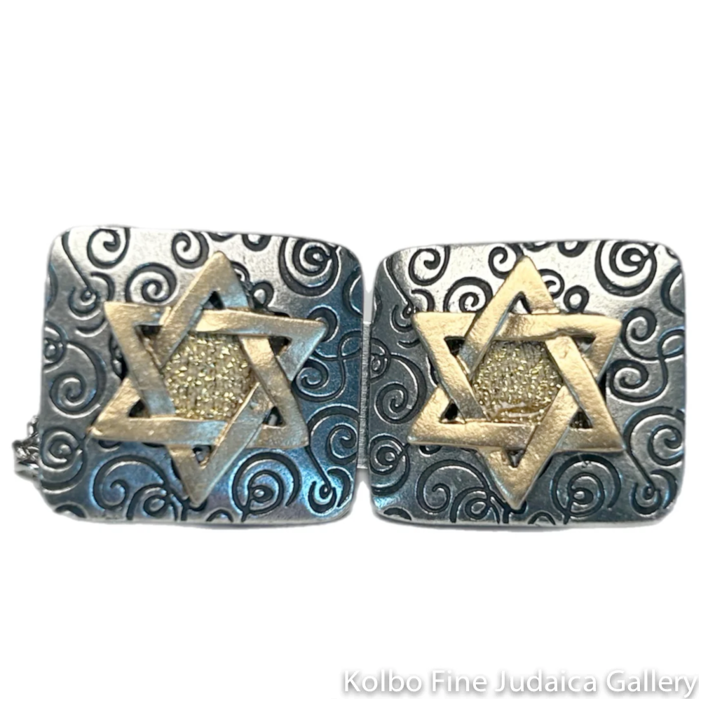 Tallit Clip, Swirl Design With Gold Star, Pewter With Silver Chain