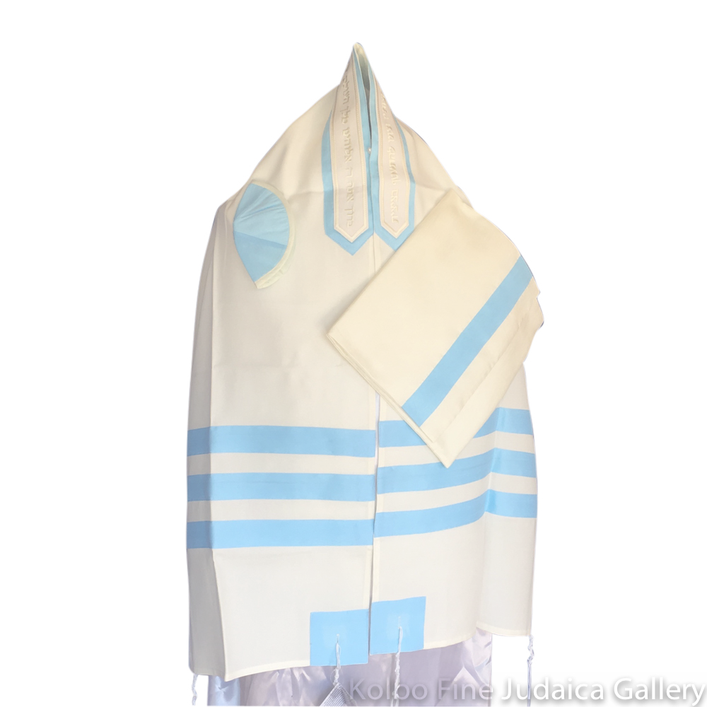 Tallit Set, three soft blue stripes on brushed cotton, three piece set, 18 x 72