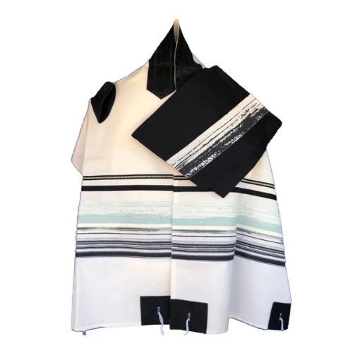 Tallit Set, Black and Mint Green Stripes on Fine Cotton