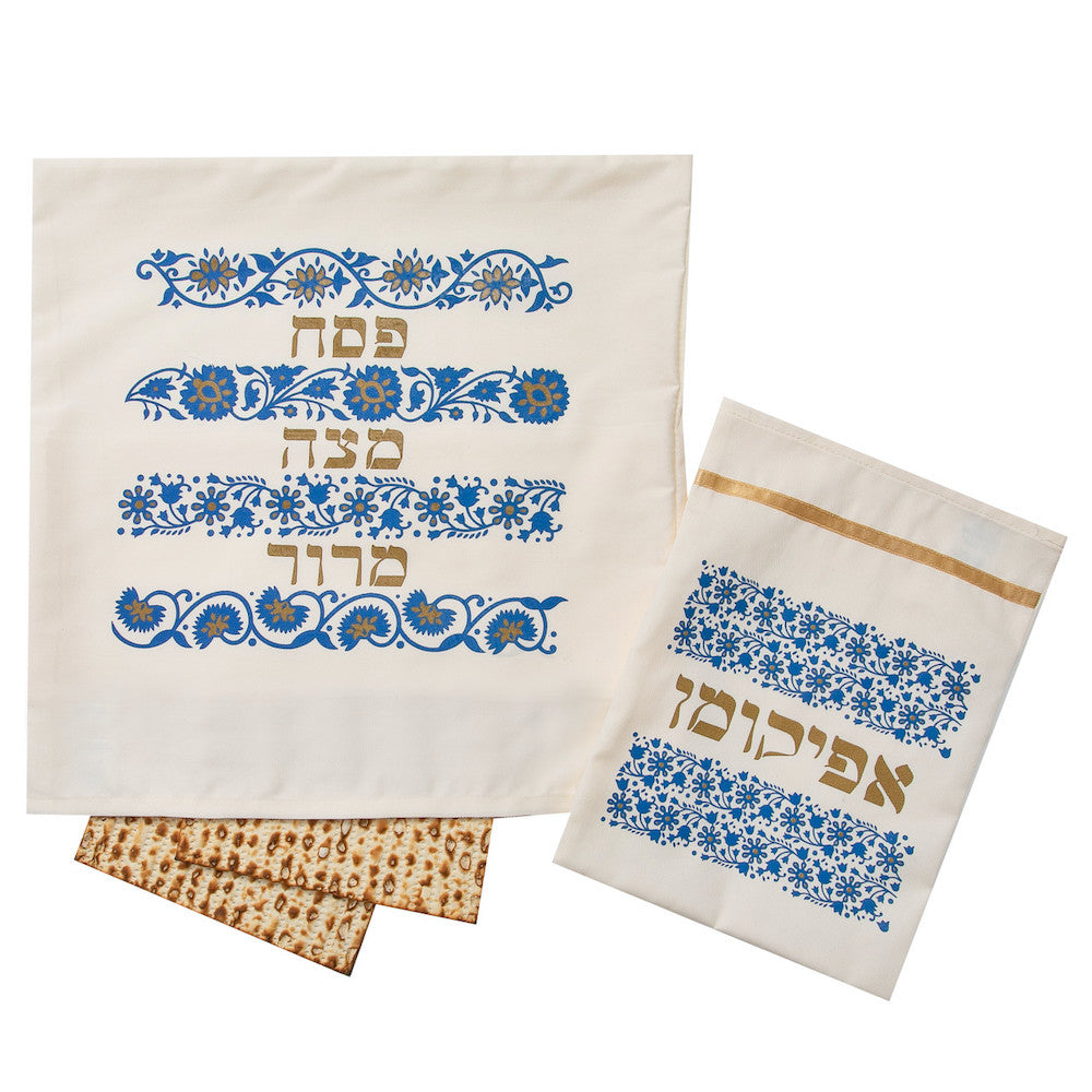 Matzah and Afikomen Cover, Blue and Gold Floral Design