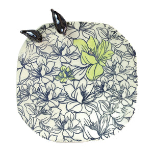 Serving Plate, Ceramic with Apple Blossom Print and Two Birds