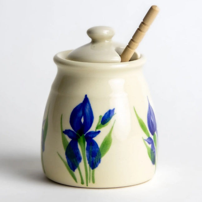 Honey Jar, Iris Design, Hand Painted Ceramic