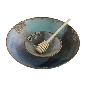 Honey and Apple Set, Four Blues, Hebrew, One of a Kind, High Fire Ceramic