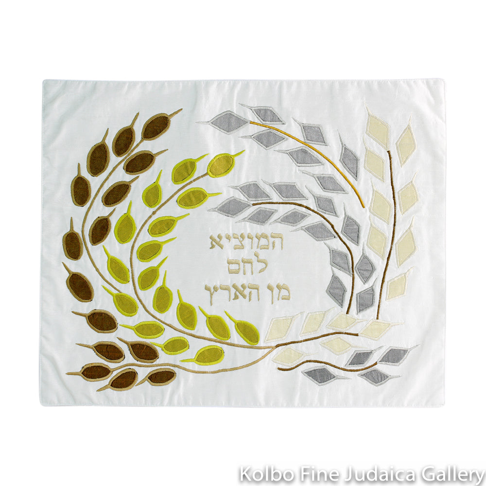 Challah Cover, Silver and Bronze Wheat Design, Raw Silk Applique