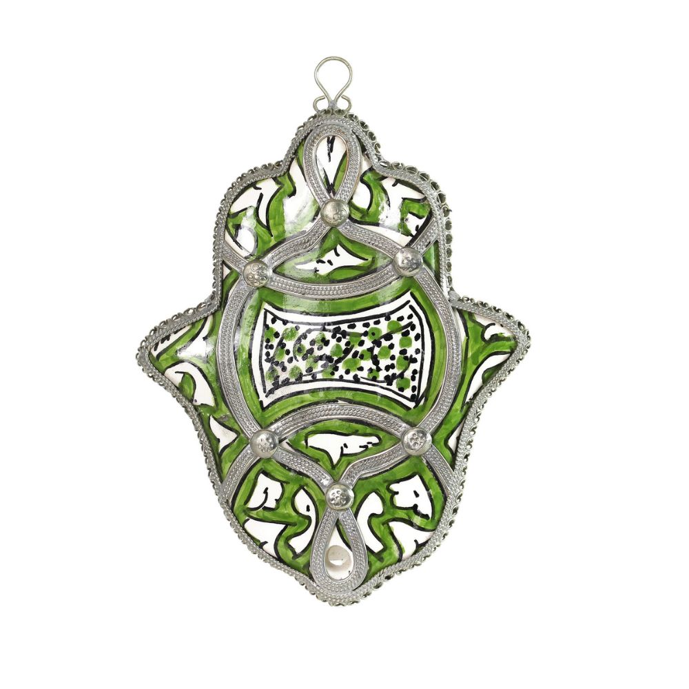 Hamsa, Ceramic with Sterling Silver Plate, Assorted Colors and Patterns, Hand-Painted in Morocco