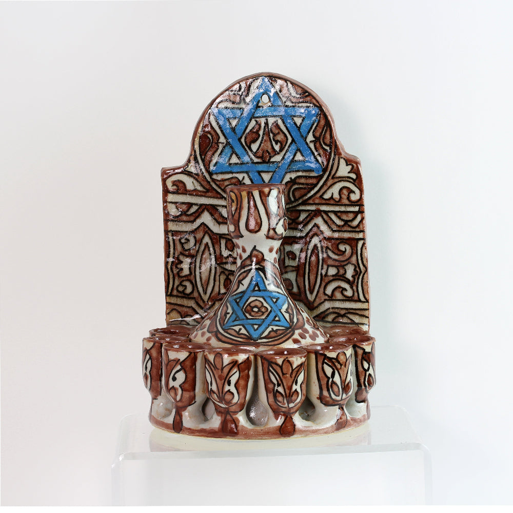 Menorah, Oil, Fountain Style, Burgundy Ceramic, Hand-Painted in Morocco