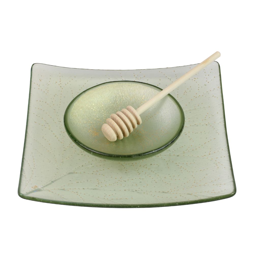 Honey and Apple Set, Square Leaf Plate with Honeybee Bowl, Olivine Glass