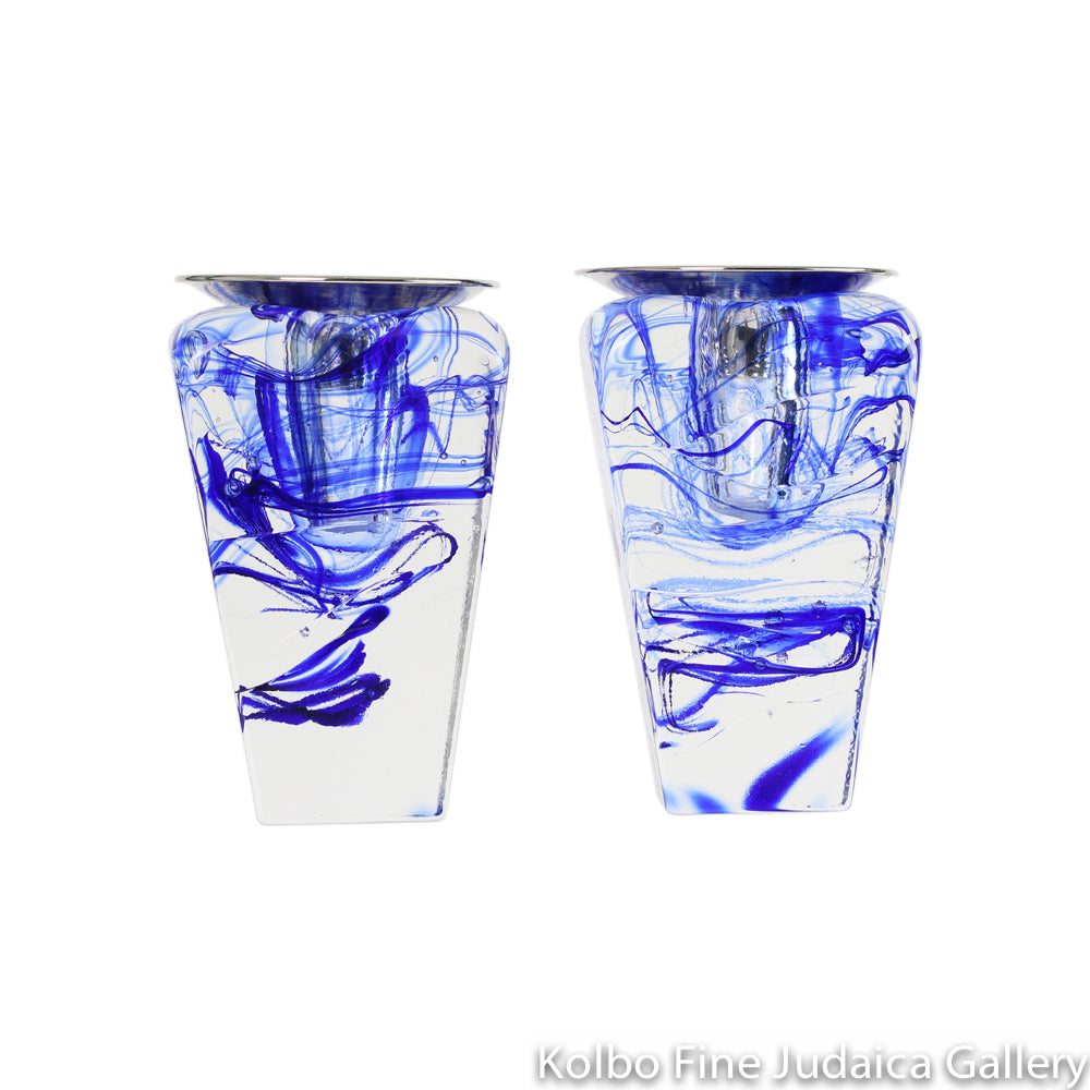 Candlesticks, Tower, Clear Glass with Blue Swirls, Includes Drip Cups