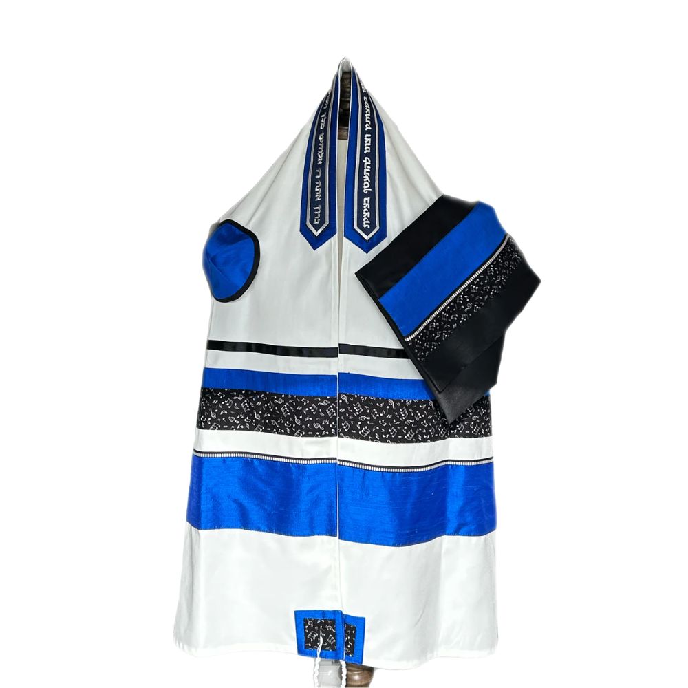Tallit Set, Music Design with Vibrant Blue Raw Silk Band, Fine White Cotton