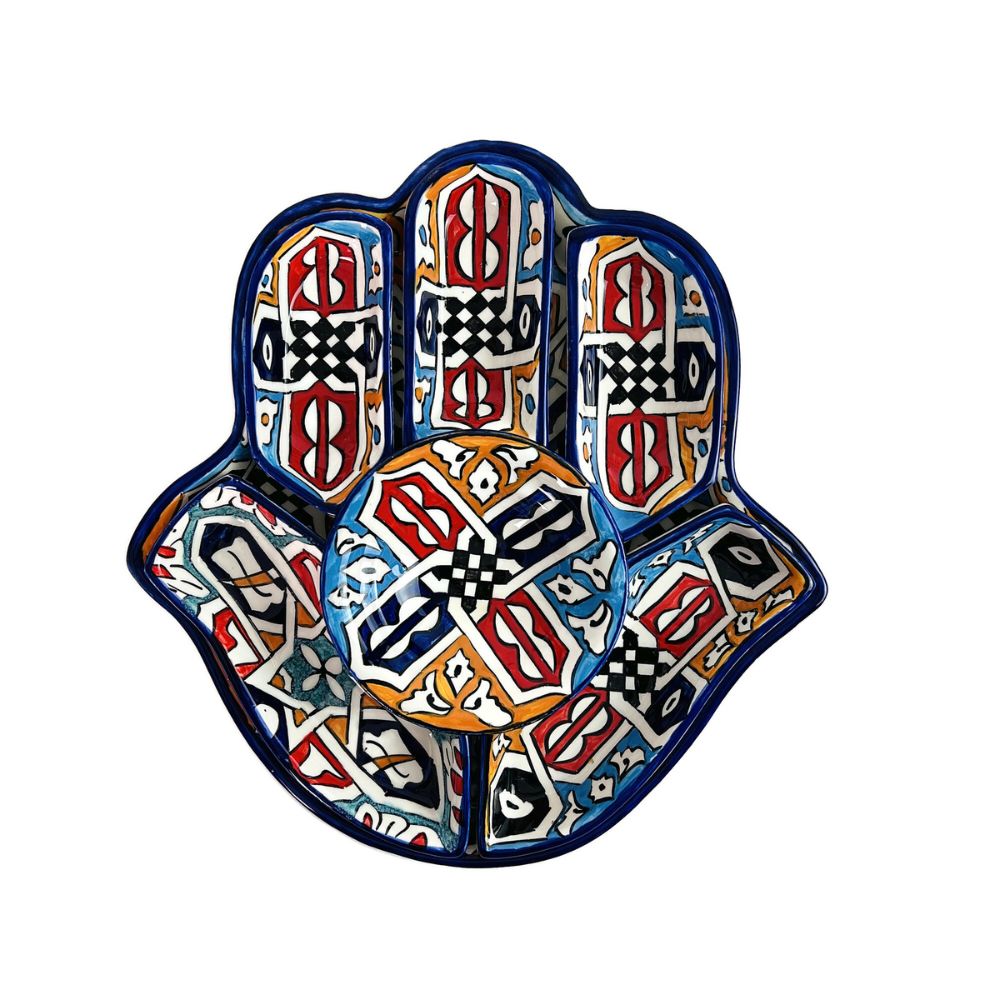 Hamsa with Six Serving Dishes, Hand-Painted in Morocco, Multicolored Ceramic, Large